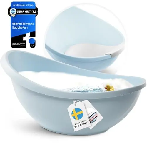 Produktbild: BabybeFun Baby Badewanne mit Badewanneneinsatz für Neugeborene (Testsieger) Rutschfeste Babybadewanne für Babys und Kleinkinder (0-12 Monate) Babywanne für Dusche Badewanne Blau | Farbe wählen…