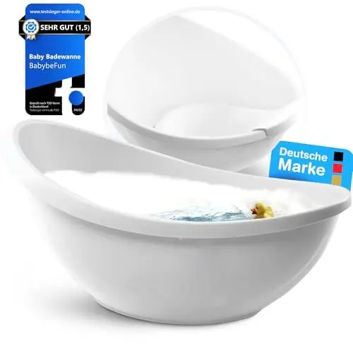 Produktbild: BabybeFun Baby Badewanne mit Badewanneneinsatz für Neugeborene (Testsieger) Rutschfeste Babybadewanne für Babys und Kleinkinder (0-12 Monate) Babywanne für Dusche Badewanne Weiß