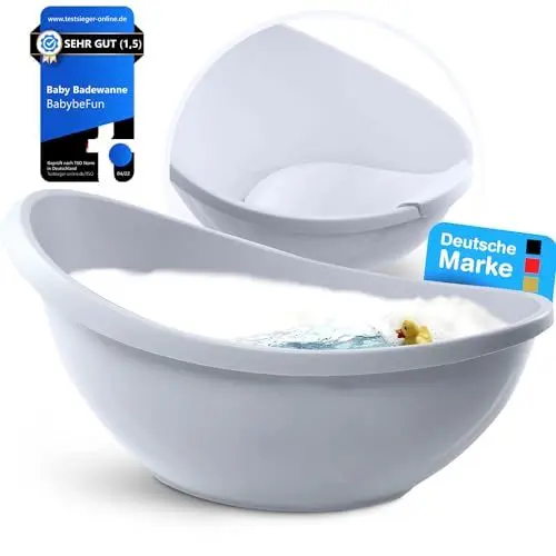Produktbild: BabybeFun Baby Badewanne mit Badewanneneinsatz für Neugeborene - Testsieger - Rutschfeste Babybadewanne für Babys und Kleinkinder - 0-6 Monate - Babywanne für Dusche Badewanne Grau