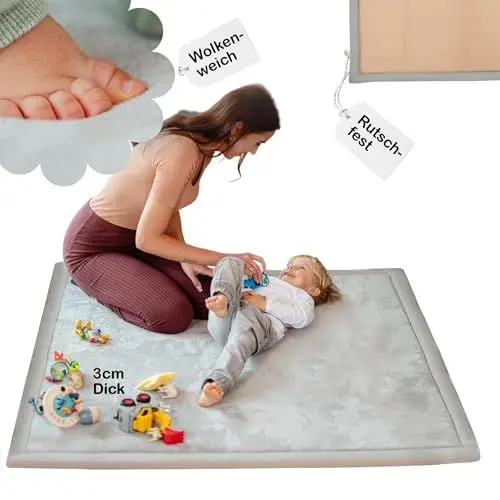 Produktbild: BabybeFun Spielmatte Baby - kuschelig weich - 3cm Dicke Krabbelmatte - Teppich Kinderzimmer 120x120cm - rutschfeste Schaumstoffmatte - Spielteppich Kinder - Krabbeldecke - Kinderteppich warm - Grau