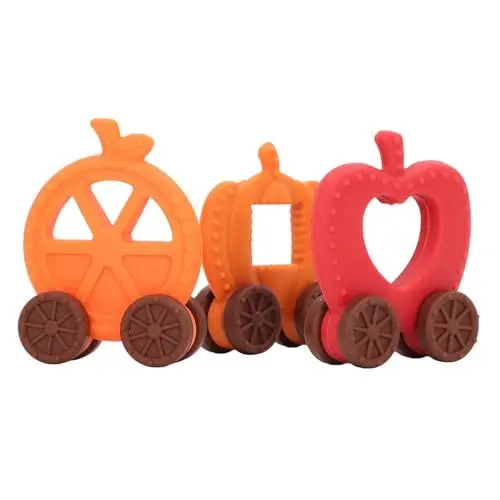 Produktbild: Baby-Beißspielzeug, Halloween-Stil, Baby-Beißspielzeug, Kaubar, Bezaubernd, 3 Stück, Lebensmittelechtes Silikon für Baby-Festival (Kürbiswagen-Set (Apfel, Orange, Kürbis).)