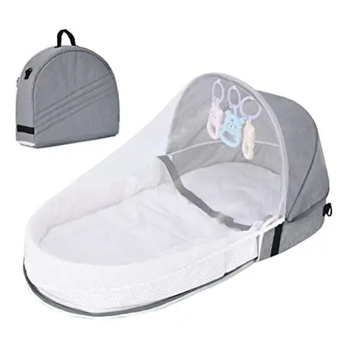 Produktbild: Babybett, Baby-Reisebett mit Moskitonetz und Markise, Tragbares Babybett, Wickeltasche, Faltbares Babybett mit Moskitonetz, Kuscheliges Nest, Babybett (Grau)
