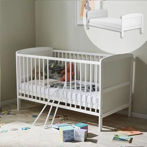 Produktbild: Kids Collective Babybett Kinderbett 70x140 Umbaubares Gitterbett höhenverstellbar & herausnehmbare Sprossen optional mit Matratze | weiß Vollholz Kiefer Made in Europe | von Geburt bis 6. Lebensjahr