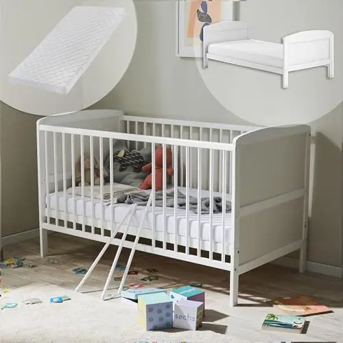 Produktbild: Babybett Kinderbett 70x140 mit Matratze Umbaubares Gitterbett höhenverstellbar & herausnehmbare Sprossen | Weiss Vollholz Kiefer Made in Europe