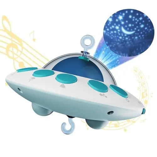 Produktbild: Babybettwäsche Rotierende Spieluhr Mobile Spielwerk mit Lichtern, Baby Einschlafhilfe Melodie Musik Spielzeug für Babys und Kleinkinder 600 Melodien, Stern und Mond Projektion