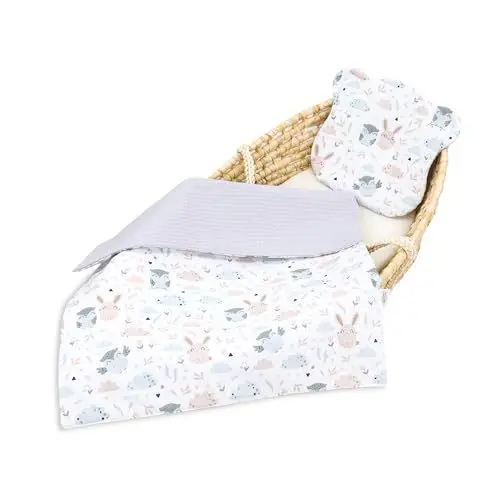 Produktbild: Babydecke Baumwolle 75x60 cm Baumwolldecke mit Kissen 30x30 cm - Kuscheldecke Kinder Decke Baby Neugeborenen Schmusedecke Kinderwagen Eulen