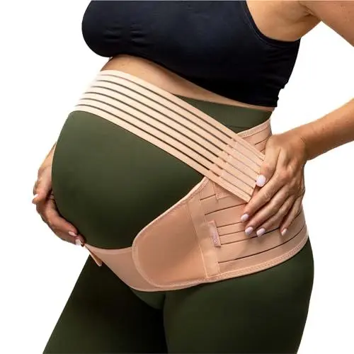 Produktbild: BABYGO® Bauchgurt Bauchband Schwangerschaft | Schwangerschaftsgürtel Stützgürtel bauchstütze beckengurt | inklusive Übungsbuch - Yoga für Schwangere M Beige