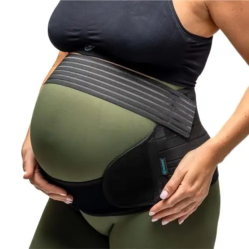 Produktbild: BABYGO® Bauchgurt Bauchband Schwangerschaft | Schwangerschaftsgürtel Stützgürtel bauchstütze beckengurt | inklusive Übungsbuch - Yoga für Schwangere L Schwarz