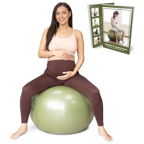 Produktbild: BABYGO Geburtsball – Schwangerschafts-Yoga-Arbeit & Gymnastikball & Buch-Set·· Trimester-Ziel, Mutterschaftsphysio, Geburt & Genesungsplan inklusive (Olive, 65cm)