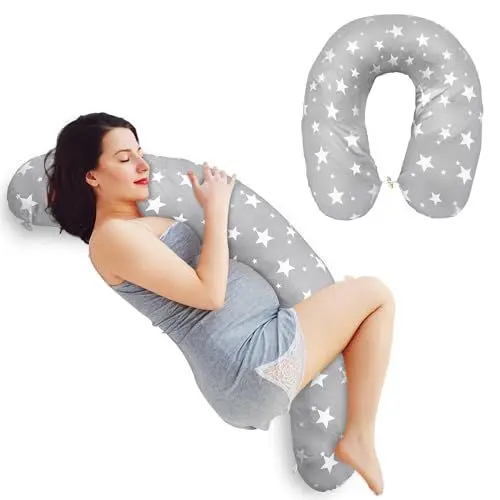 Produktbild: BabyGusto | Stillkissen & Seitenschläferkissen | Schwangerschaftskissen | 100% Baumwollbezug | waschbar (40°C) | 170 cm Länge | dezentes Sternenmotiv | Komfort für Mutter und Kind
