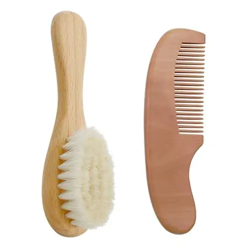 Produktbild: Baby-Haarbürste und Kamm-Set, Holzgriff, runde Haarbürste, natürliche Ziegenborsten, Wiegenkappenbürste für Kleinkinder und Kleinkinder