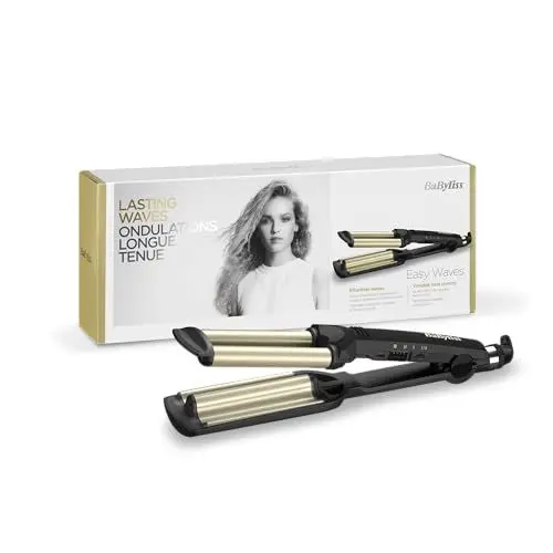 Produktbild: BaByliss Easy Waves – Welleneisen für Beach Waves, Keramik-Titanium-Beschichtung, 3 Temperatureinstellungen, Hitzebeständige Spitzen, Gold & Schwarz, C260E