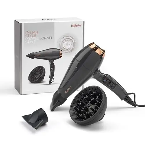 Produktbild: BaByliss Italian Air Pro Föhn mit Diffusor – Hergestellt in Italien, 2200W Hochleistungs-Haarföhn, Ionen Anti-Frizz-Technologie, 2 Temperatur- und 2 Geschwindigkeitsstufen, Schwarz, 6719DE