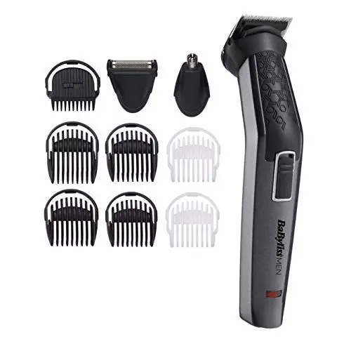 Produktbild: BaByliss Men 10-in-1 Carbon Titanium Multi-Grooming Trimmer Kit abwaschbar für Körper, Bart und Nasenhaare inkl. Aufbewarungstasche, Schwarz grau MT727E