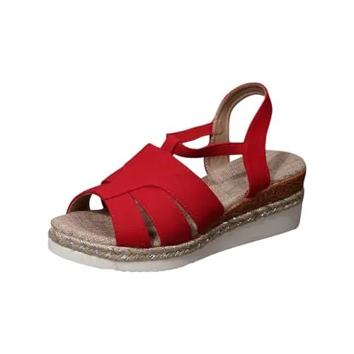 Produktbild: Baby-Mädchen-Sandalen 2024 Fallen Damen-Sandalen elegant flach Keilabsatz Fischmaul-Sandalen offene Zehen Wildleder Pailletten römische Wohnungen Schuh Urlaub Büro Q-433 Red 9