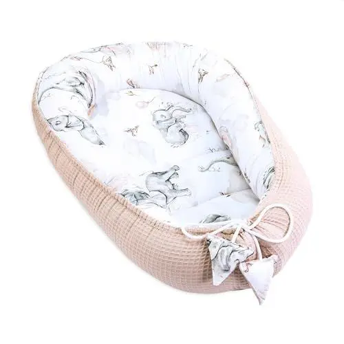 Produktbild: Babynest Neugeborene Nestchen Baby 90x50 cm - Kokon Handmade zweiseitig aus Baumwolle Waffel mit Babynestchen Elefant Beige