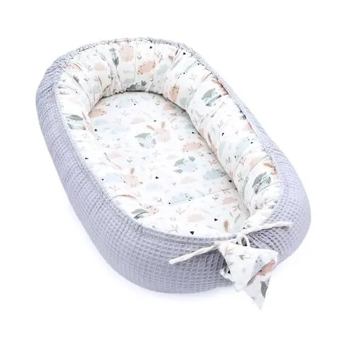 Produktbild: Babynest Neugeborene Nestchen Baby 90x50 cm - Kokon Handmade zweiseitig aus Baumwolle Waffel mit Babynestchen 1. Eulen Grau