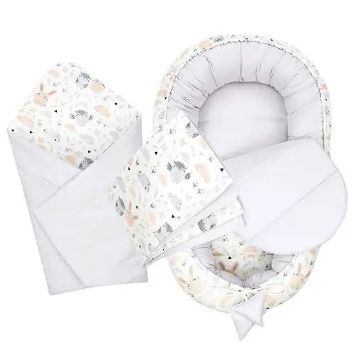 Produktbild: Baby Nest Set tragbar kuschelnest babynestchen Neugeborene babynest mit tragegriff für babybett 4 teilig Bett nestchen mit friedlicher Schlaf zubehör Eulenmotiv Grau