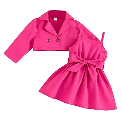 Produktbild: Babyoberteile Mädchen-T-Shirt Kleinkind Mädchen Langarm Einfarbig Anzug Jacke Bowknot Kleid Zwei Stück Outfits Set für Kinder Kleidung Baby Strickkleid Mädchen (Hot Pink 6-9 Months)