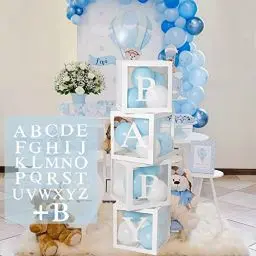 Produktbild: Baby Shower Box Deko für Junge oder Mädchen,babyparty dekoration ballon boxen,4Pcs Weiße Transparente Boxen Baby mit 27 Buchstaben für Babyparty Deko Junge, Gender Reveal Party Boxen
