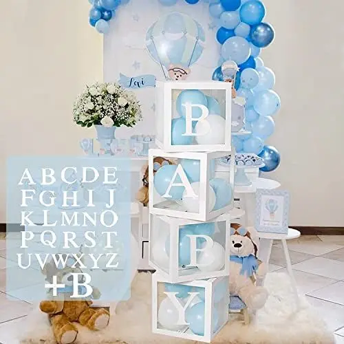 Produktbild: Baby Shower Box Deko für Junge oder Mädchen,babyparty dekoration ballon boxen,4Pcs Weiße Transparente Boxen Baby mit 27 Buchstaben für Babyparty Deko Junge, Gender Reveal Party Boxen