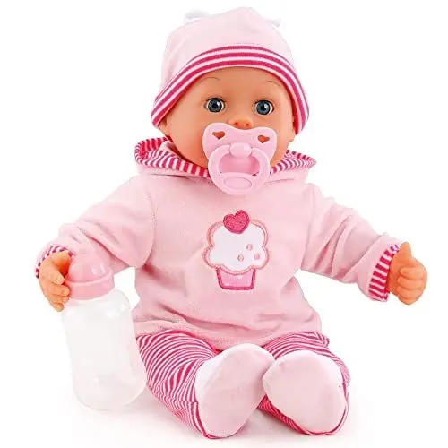 Produktbild: Babypuppe First Words mit Schlafaugen, spricht 24 Babylaute, mit Schnuller und Flasche, 38 cm, Rosa/Streifen