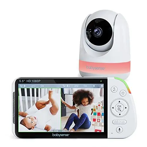 Produktbild: Babysense Babyphone mit Kamera, Ohne WLAN, 5,5-Zoll Video Babyphone 1080p Full HD, 6-Farbiges Nachtlicht, 300m Reichweite, Zwei-Wege-Audio, 4X Zoom, 5000mAh Akku