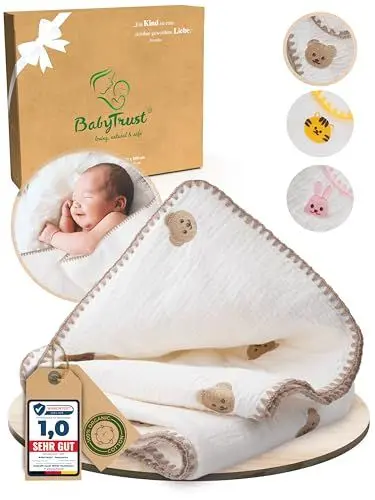 Produktbild: BabyTrust® Exklusive 100% Baumwolle-Babydecke - Bio-Musselin 4-lagig gefüttert - Ganzjahresdecke - Baby Geschenk zur Geburt für Junge & Mädchen - Kuscheldecke Neugeborenen