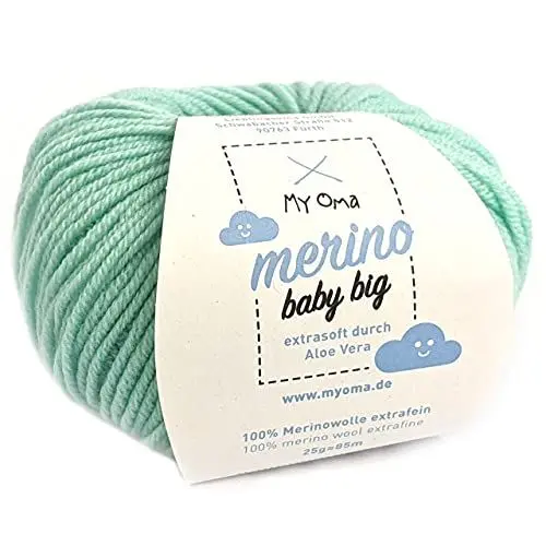Produktbild: Babywolle Merino - Merino Baby Big minze (Fb 8010) - 1 Knäuel Babywolle türkis + GRATIS Label - Merino Wolle Baby - 25g/85m - Nadelstärke 4mm - Grüne Baby Merino Wolle - MyOma Babygarn zum Stricken