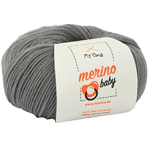 Produktbild: Babywolle zum Häkeln * Merino Baby grau (Fb 6050) * 1 Knäuel Merinowolle Baby grau + GRATIS Label – 25g/140m – Nadelstärke 2,5-3mm – Babygarn 100% Merino - Baby Babywolle zum Häkeln weich von Myoma