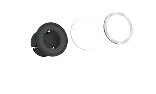 Produktbild: BACHMANN Einbausteckdose PIX 1x Steckdose mit 3 Zierringen (Schwarz, Weiß und Edelstahl-Optik) 2m Kabel Tischsteckdose für Küche, Büro oder Wohnraum Schwarz 926.001 (nur 45mm Einbautiefe)