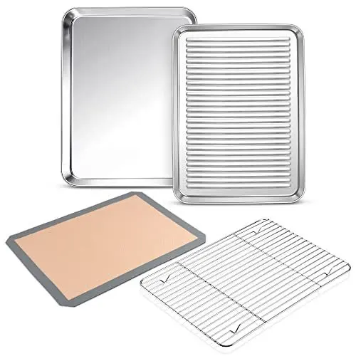 Produktbild: Backblech mit Abkühlgitter & Backmatte 4er Set, HaWare Edelstahl Kuchenblech Set, 31.6 x 24.5 x 2.5 cm, Großes Rechteckiges Ofenblech mit Auskühlgitter & Silikonmatte Set zum Backen, Spülmaschinenfest