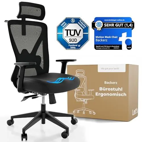 Produktbild: Backerz Bürostuhl Ergonomisch - Bürostühle 150kg, TUV & NEN 1335 Zertifiziert - Office Schreibtischstuhl - Chair - Ergonomischer Bürostuhl – Computerstuhl Höhenverstellbar & Rückenschonend – Schwarz