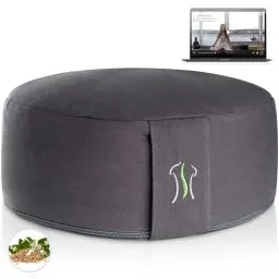 Produktbild: BACKLAXX ® Yoga Kissen, Meditationskissen XL 35cm (30% mehr Sitzfläche), 15cm hoch mit Buchweizenfüllung, perfektes Meditation Zubehör, Yogakissen rund inkl. Videokurs - Pouf Sitzkissen Boden