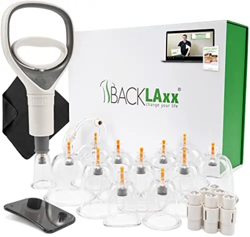 Produktbild: BACKLAXX ® Schröpfgläser mit Vakuumpumpe - Hochwertig schröpfen mit bruchfestem Schröpfglas aus Kunststoff, Schröpfset mit Therapiemagneten inkl. Videokurs (12 Stück), Schröpfgläser Set