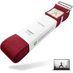 Produktbild: BACKLAXX ® Yoga Gurt Baumwolle (rot) – Nachhaltiges Yoga Zubehör Set, Yogagurt 250 cm lang mit praktischem Verschluss aus Metall – Yoga Set ideal für Yoga, Pilates und Dehnen inkl. Anwendungsvideo
