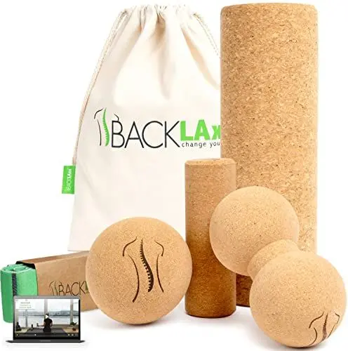 Produktbild: BACKLAXX ® Faszienrolle Set aus Kork – Faszienball und Massageball, Faszienrolle Wirbelsäule, Faszienrolle klein, Faszienrolle Fuß, Faszien Duoball - schadstofffrei, antibakteriell inkl. Videos