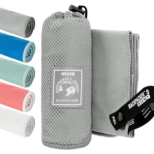 Produktbild: Backpacker's Journey Mikrofaser Handtücher in S M L XL. Reisehandtuch Sets leicht, schnelltrocknend, saugfähig und antibakteriell (grau L)