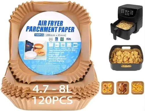 Produktbild: Backpapier für Heißluftfritteuse, 120 StückAirfryer Backpapier 20-24cm, Antihaft Wasserdicht Ölfest Einwegschalen Pergamentpapier Liner für 4.7-8L Bratpfanne Ofen Mikrowelle… (120pcs4.5-8l)