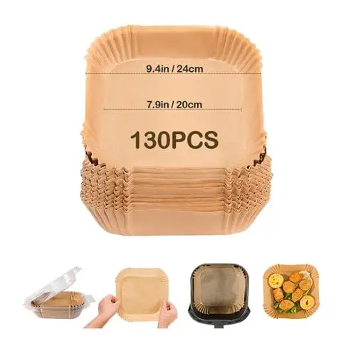 Produktbild: Backpapier für Heißluftfritteuse, 130 Stück 20-24cm, Airfryer Backpapier Antihaft Einwegschalen Luftfritteuse Pergamentpapier Liner für 5-8L eckig