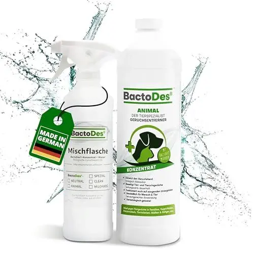 Produktbild: BactoDes - Animal Geruchsneutralisierer 1L Konzentrat mit Spray-Mischflasche - Starker Enzymreiniger Katzenurin, Hundeurin & Tiergerüche - Effektiver Geruchsentferner mit bio Mikroben-Wirkung