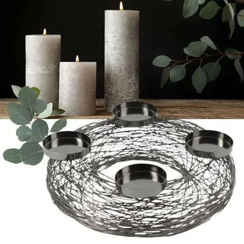Produktbild: Bada Bing Hochwertiger Metall Adventskranz Draht anthrazit schwarz - moderner Edelstahl Streben Kerzenhalter Ø ca. 37 cm - Deko Tisch Kranz für Vier Blockkerzen - Tischdekoration für Weihnachten