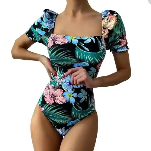 Produktbild: Frauen mit Brusteinlagen ohne Stahlklammern, dreieckiger Print-Bordüren-Bikini-Träger-Badeanzug Fra𝐮en Badeanzug Mit Beine Proof Swimwear (Pink, M)