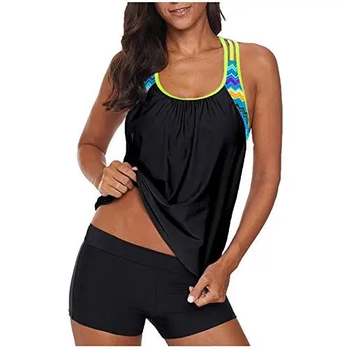 Produktbild: Badeanzug Damen Bauchweg Frau Zweiteilig Push up mit Einstellbarer Bikinislip Tankini mit Hotpants Badebekleidung Zweiteilig mit Streifen Bauchweg Tankini Shape Badeanzug Damen Gelb,S