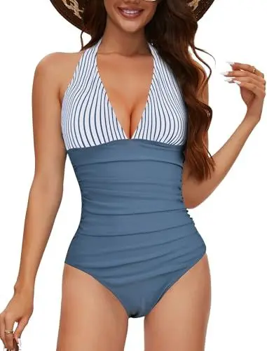 Produktbild: Badeanzug Damen Bauchweg mit Cups Shape Push Up Badekleid, Badeanzüge Sexy Monokini V-Ausschnitt Swimsuits for Women, Bademode Shapewear Frauen große größe High Waist Schlankheits Raffung Einteilige