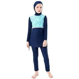 Produktbild: Badeanzug Mädchen Kinder Burkini Muslim Muslimische Full Cover Schwimmanzug Islamisch Arabisch Jilbab Top Shorts Hijab Wassersport Surfen Outfit Ganzkörper Modest Bademode Blau Langarm 11-12 Jahre