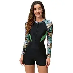 Produktbild: Badeanzug mit Bein Damen Langarm Schwimmanzug mit Shorts Rei?verschluss Einteiler Bauchweg Bademode Sportlich Badebekleidung Surfanzug Strandmode Neopren Shorty Neoprenanzug Swimsuits Bl?tter M
