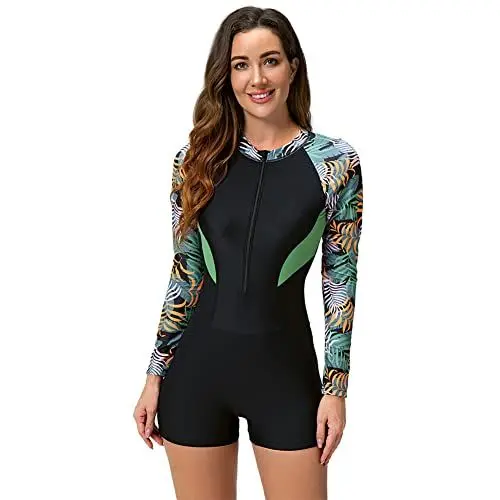 Produktbild: Badeanzug mit Bein Damen Langarm Schwimmanzug mit Shorts Rei?verschluss Einteiler Bauchweg Bademode Sportlich Badebekleidung Surfanzug Strandmode Neopren Shorty Neoprenanzug Swimsuits Bl?tter M