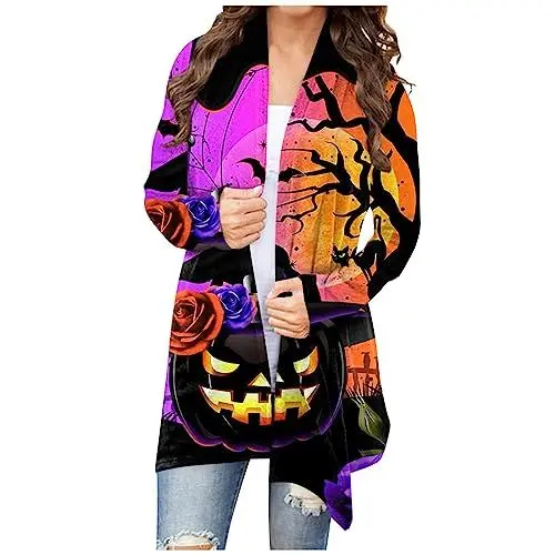 Produktbild: Bademäntel Damen Cardigan Damen Schule Cardigan Langarm Gummizug Rundhals Cartoo Longtops Damen Basic Lauschig Winter Dicke Swing Lila