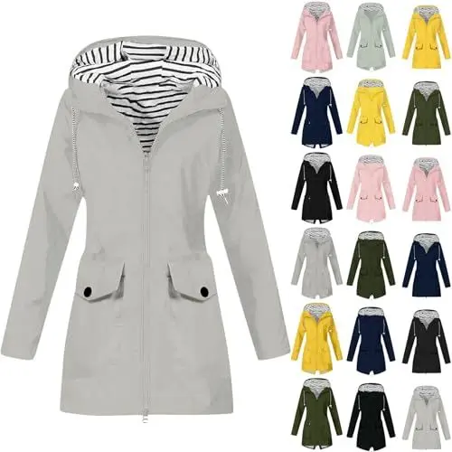 Produktbild: Bademantel Damen Kurz Günstig Mantel Windbreaker Damen Luftige Parka Raincoat Outdoor Retro Wasserdichter Mantel Damen Regenmantel Einfarbige Herbstjacke Saleregenparka Wasserdicht（3-Light Gray，M）